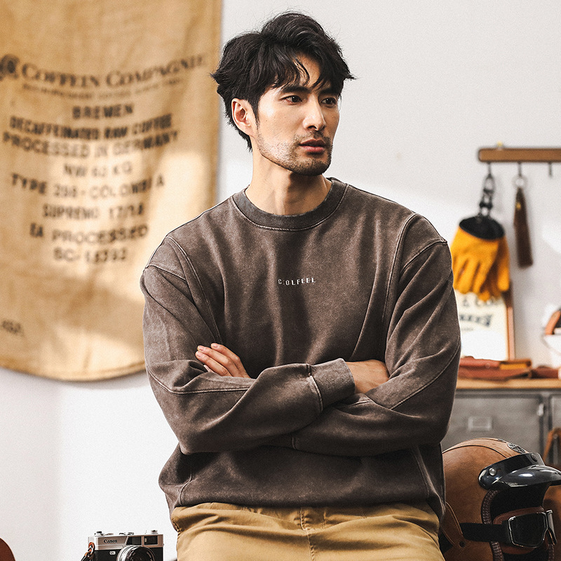 美式復古380g重磅衛衣男秋季潮牌做舊水洗字母刺繡休閒寬鬆上衣男