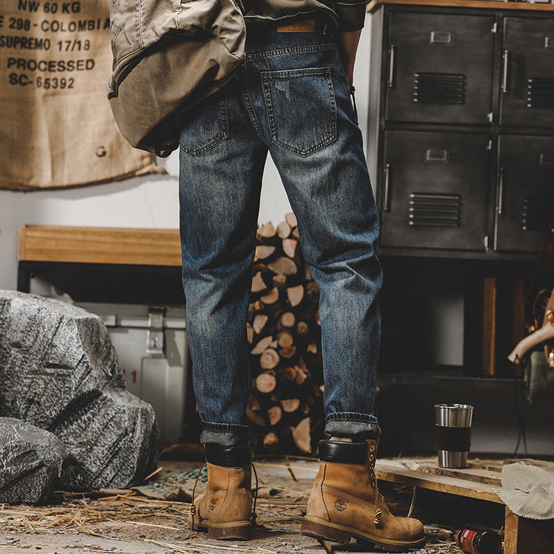 美式復古冬季牛仔褲男寬鬆直筒潮牌加絨加厚褲子男秋冬石磨休閒褲