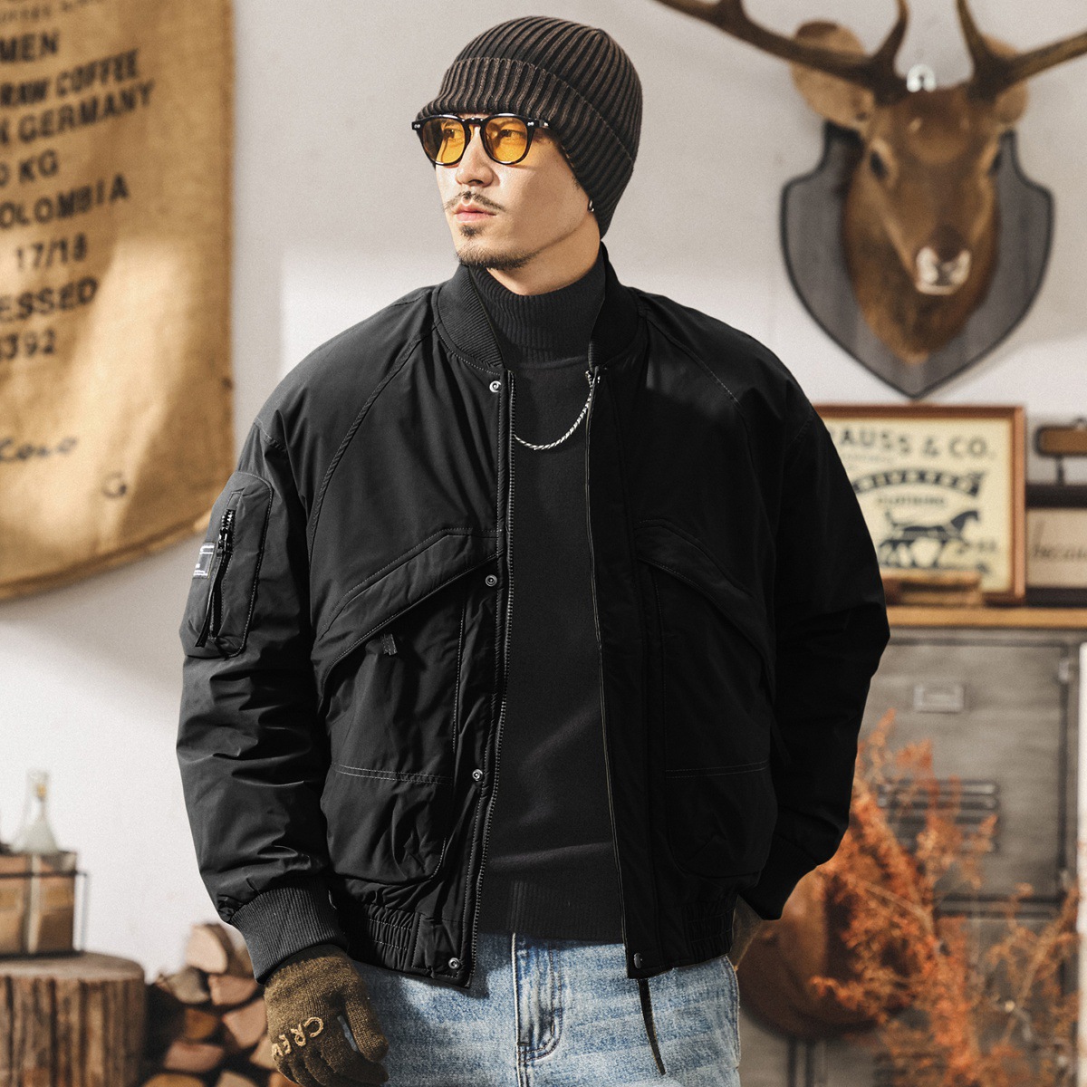 90%純白鴨絨美式飛行夾克工裝羽絨服男款冬季加厚保暖禦寒外套男