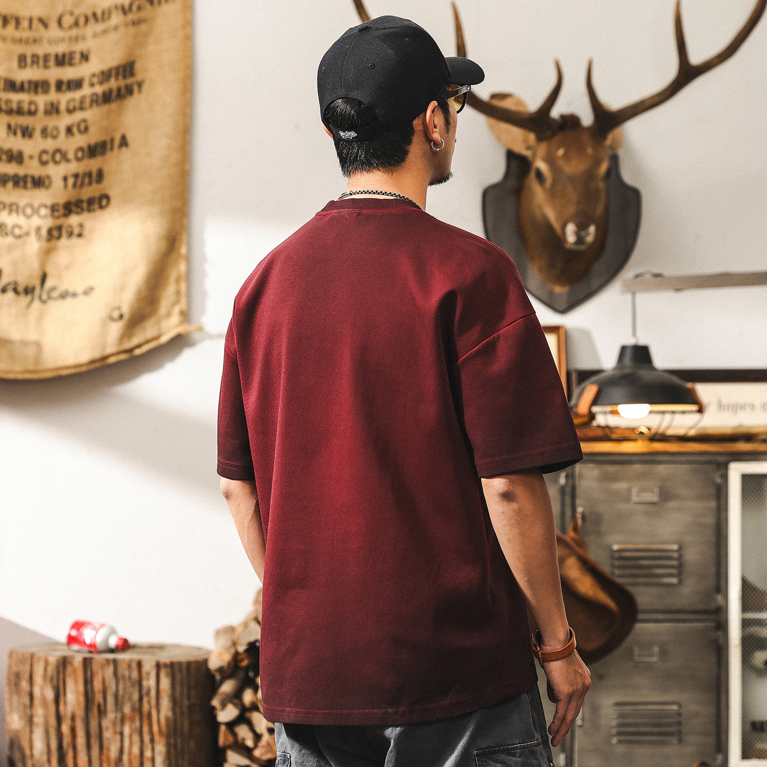 安可拉紅300g重磅T恤男短袖夏季2025新款美式復古髒染水洗上衣男