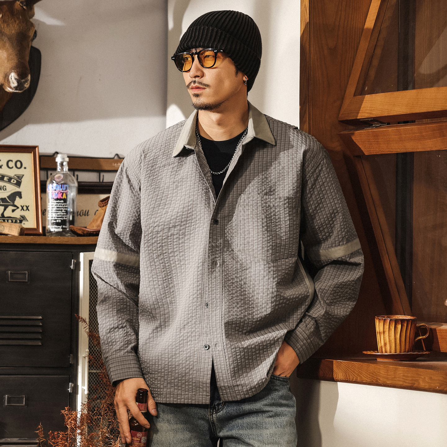 美式復古空氣層蓬鬆感襯衫外套男春秋潮牌拼接寬鬆立體格子襯衣男