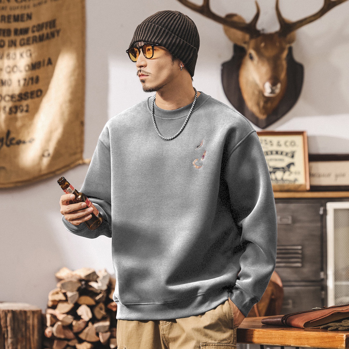 美式復古潮流刺繡衛衣男春秋新款420g重磅寬鬆大碼長袖休閒上衣男