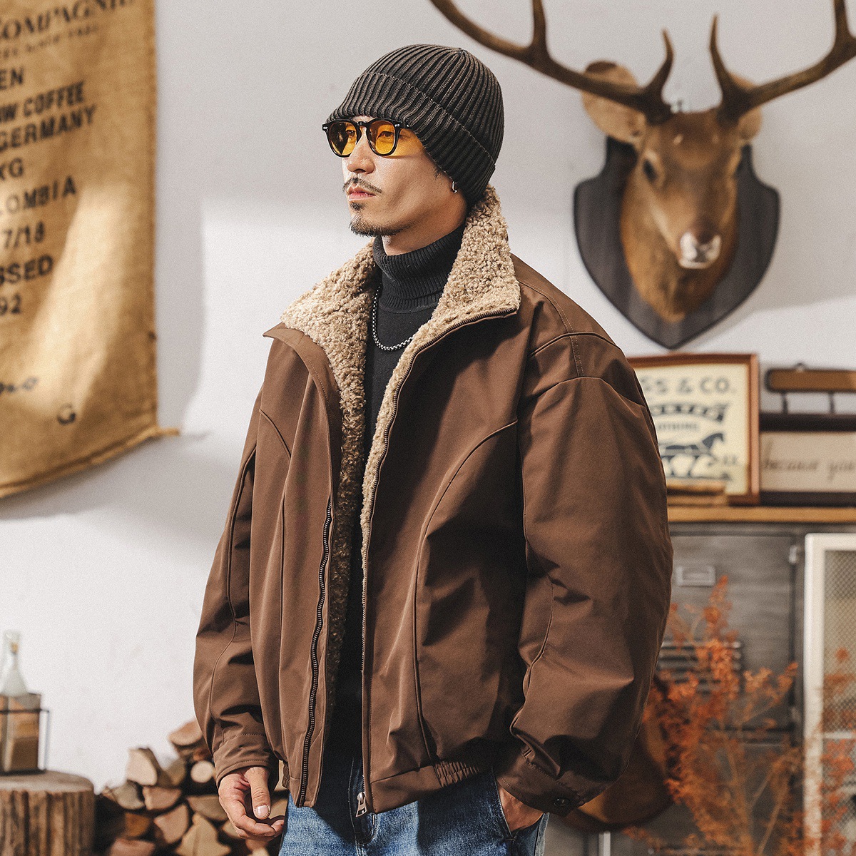 美式復古90鴨絨座山雕毛領羽絨服男冬季加厚禦寒羊羔毛保暖外套男