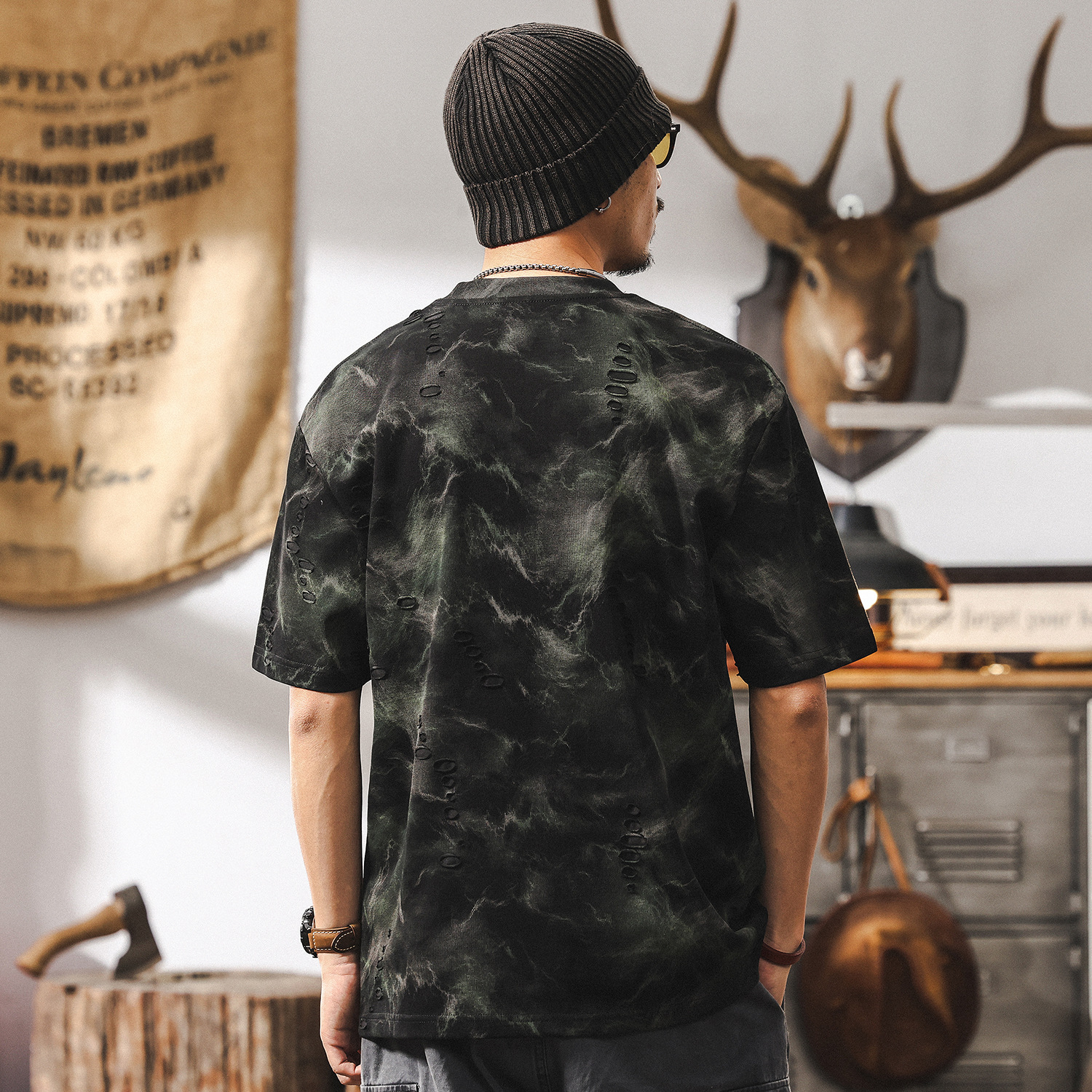 240g重磅短袖美式高街T恤男夏季寬鬆潮流設計感紮染男士半袖上衣T