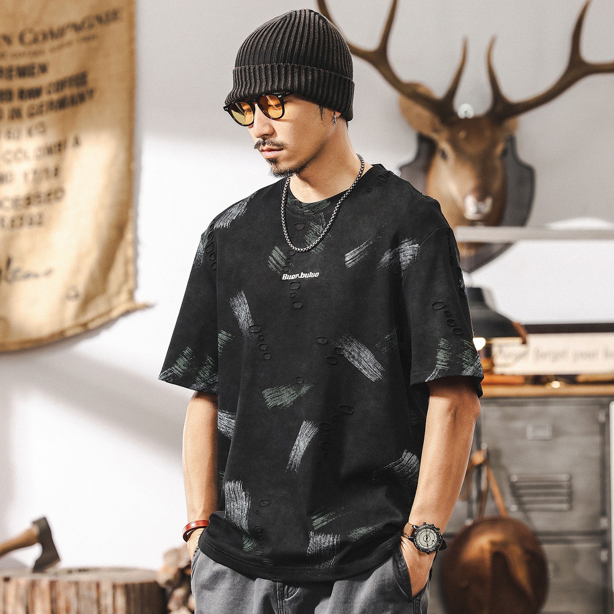 美式重磅復古夏季T恤男士短袖潮流破洞雲染高級感半截袖男裝體恤