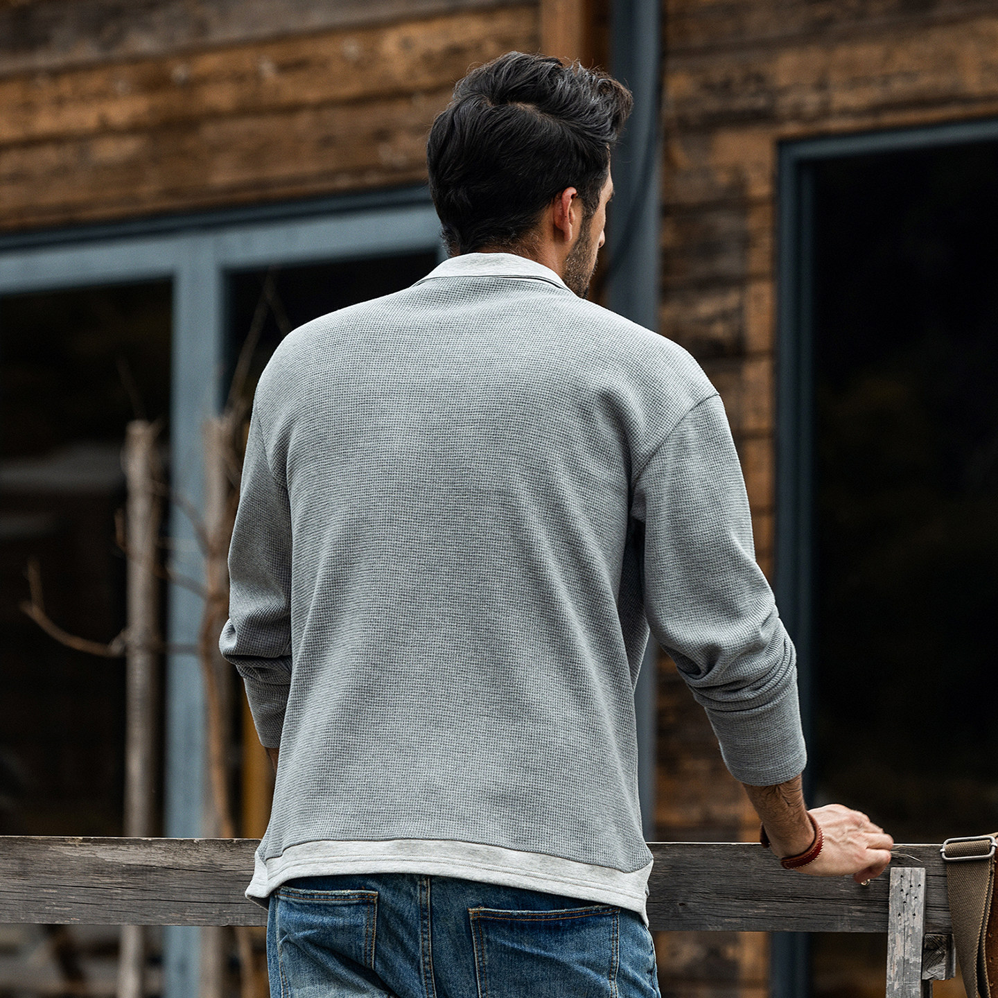 美式重磅復古polo衫男長袖春秋新款潮牌寬鬆華夫格假兩件上衣男款