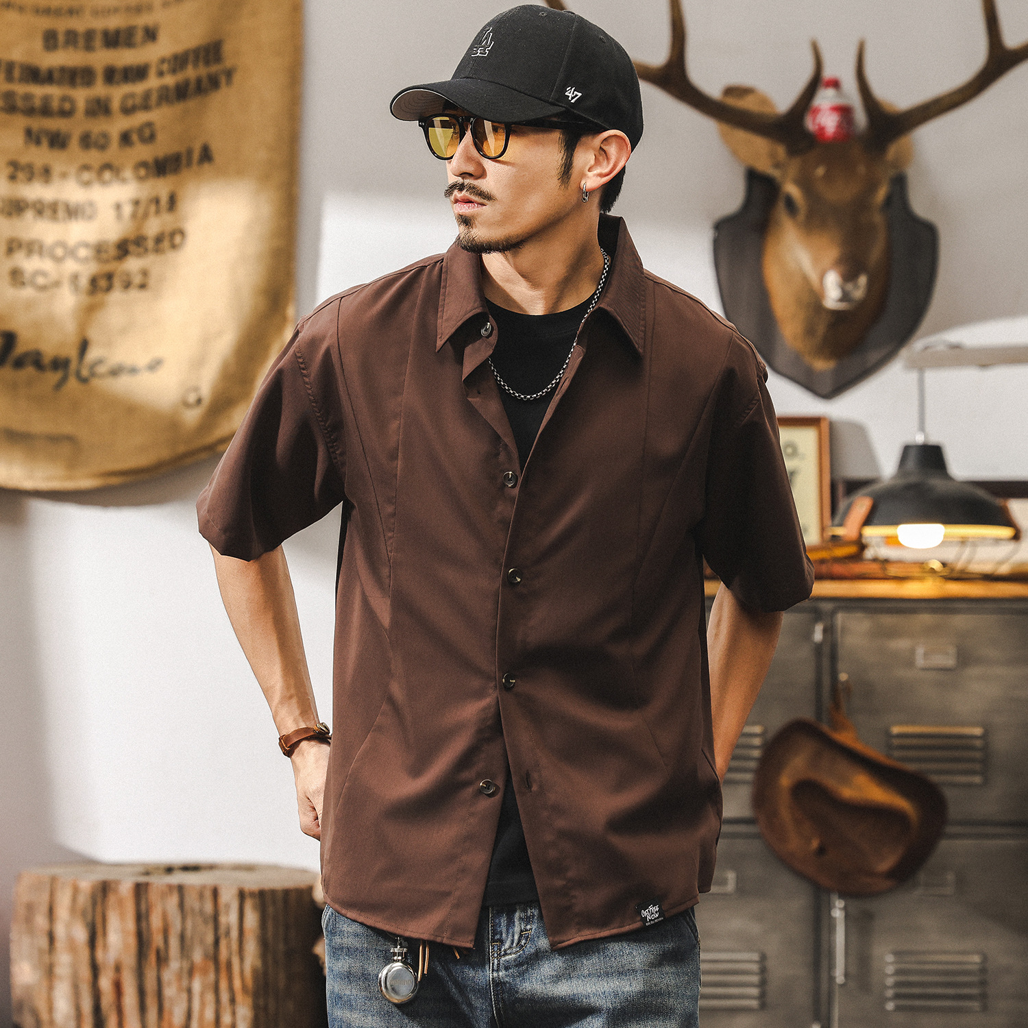 美拉德復古抗皺免燙莫代爾襯衫男款短袖夏季寬鬆垂感薄款男士襯衣