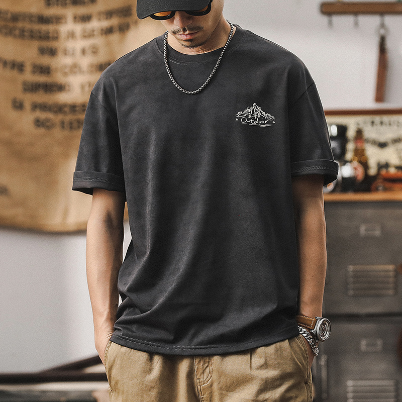 冰感抗皺速乾短袖T恤男夏季美式山系印花上衣雲染洗褪寬鬆男體恤