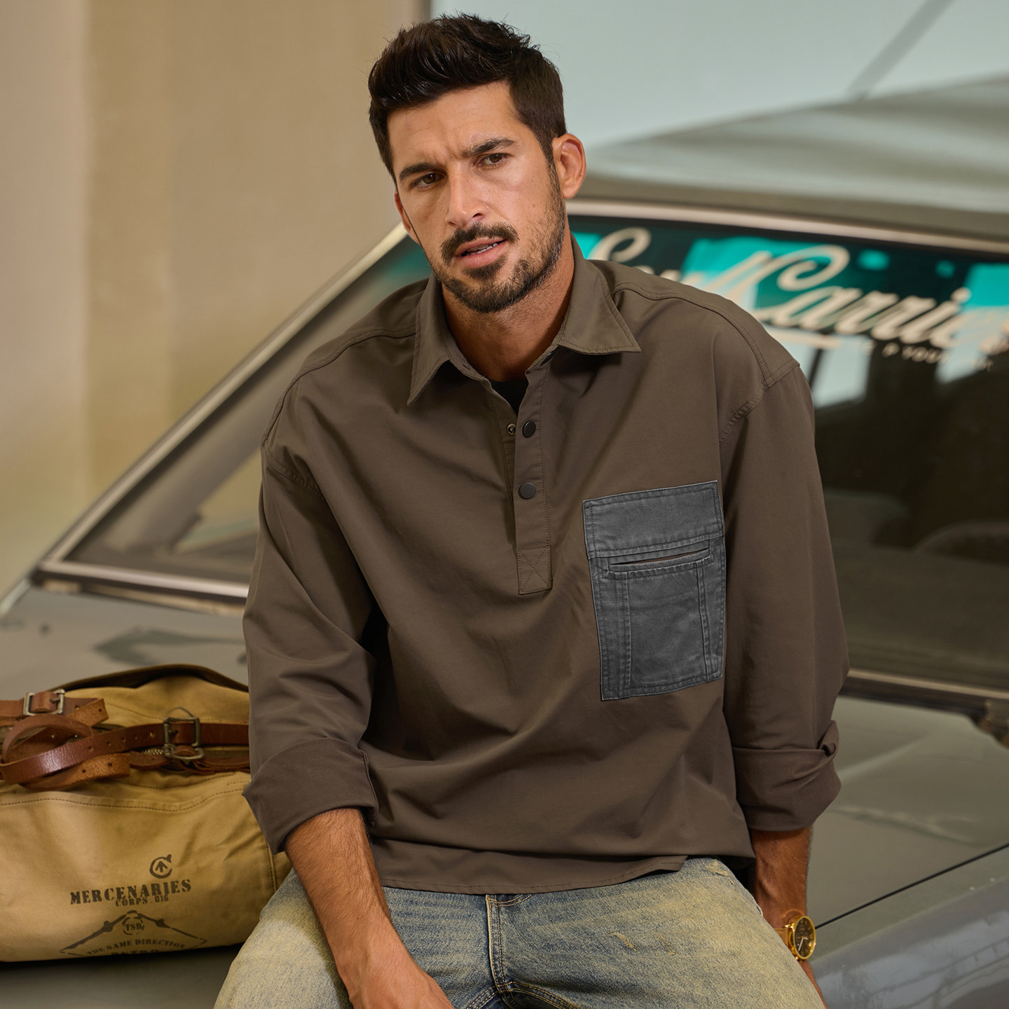 美式重磅復古工裝襯衫男春季2026新款T恤男士長袖上衣寬鬆POLO衫