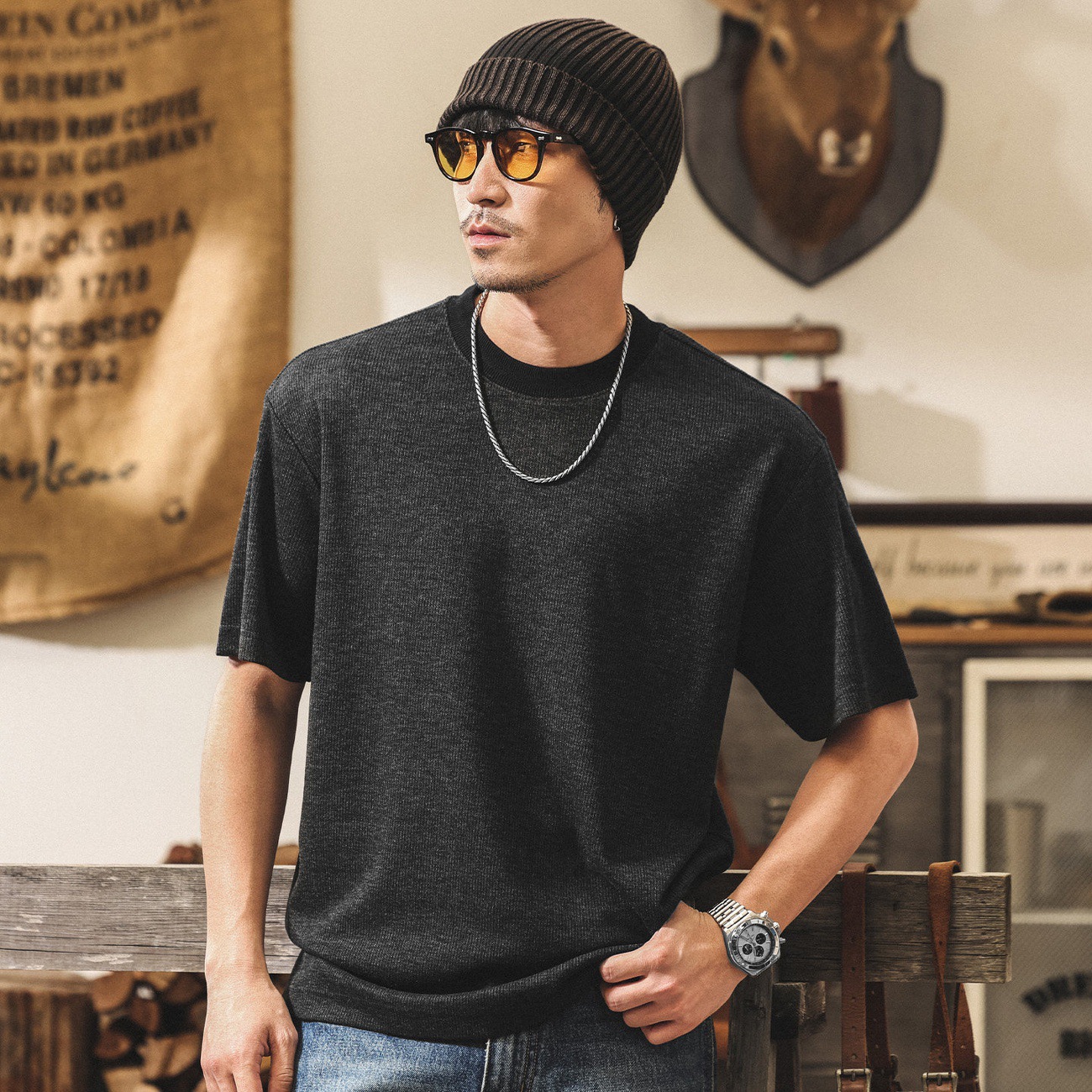 老錢風醋酸親膚綿羊毛男士T恤短袖夏季2026新款美式復古寬鬆上衣