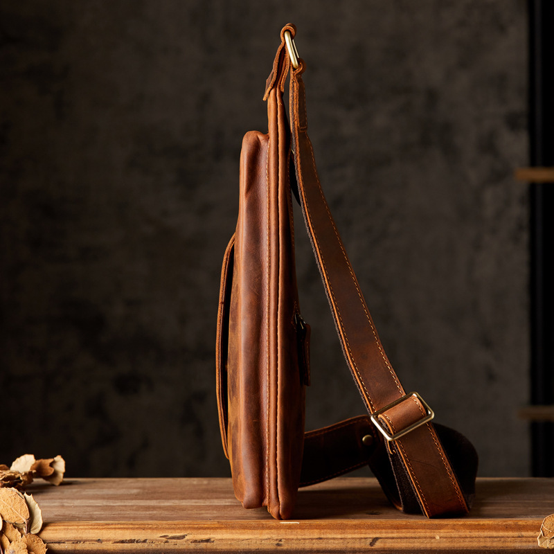 手工原創瘋馬皮個性復古胸包頭層牛皮休閒挎包男包真皮單肩斜挎包