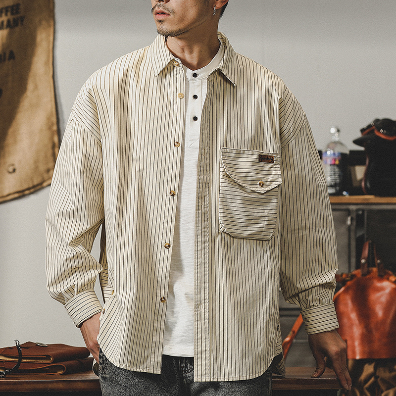 杰雷諾美式工裝復古條紋襯衫男長袖寬鬆廓形阿美咔嘰襯衣外套男款