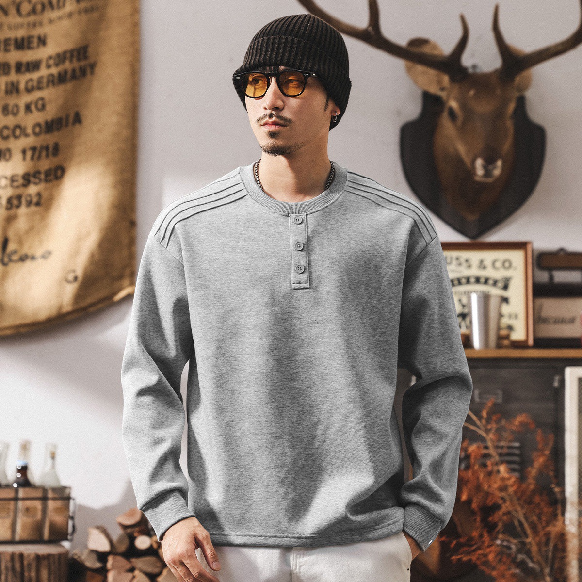 美式復古重磅加絨衛衣男款冬季加厚亨利領長袖男T恤潮牌寬鬆上衣