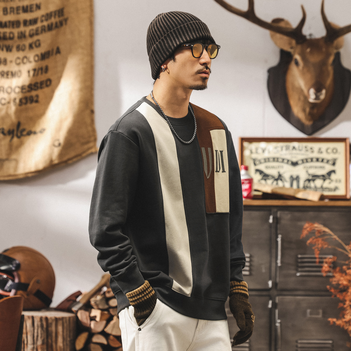 美式復古重磅衛衣男春秋款潮牌拼接結構撞色寬鬆男士上衣秋季外套