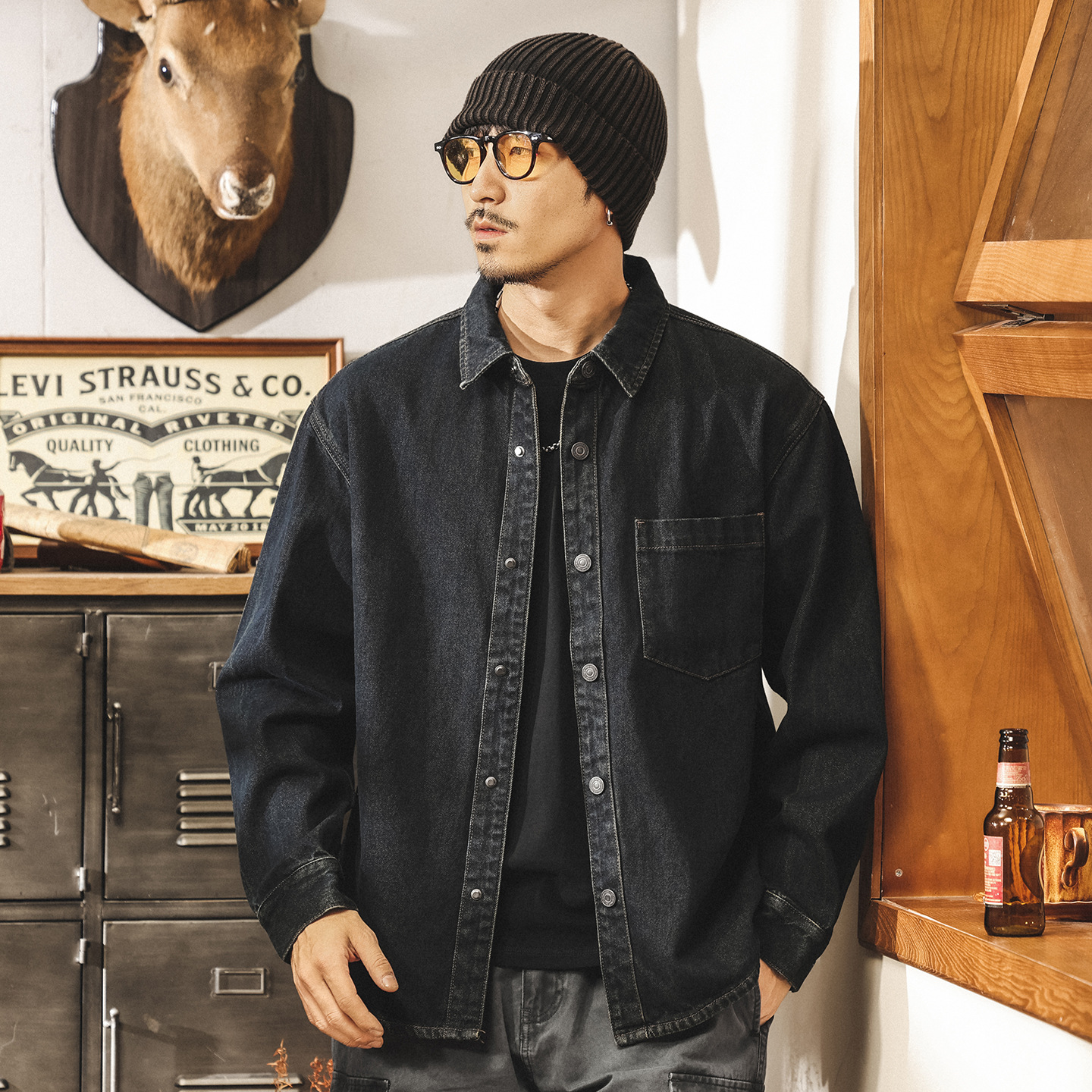 美式復古做舊酵素水洗牛仔外套男春秋寬鬆工裝襯衫男長袖休閒襯衣