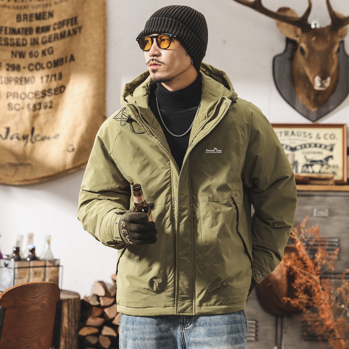 高充絨蓬鬆連帽工裝羽絨服男冬季戶外加厚90%白鴨絨保暖禦寒外套