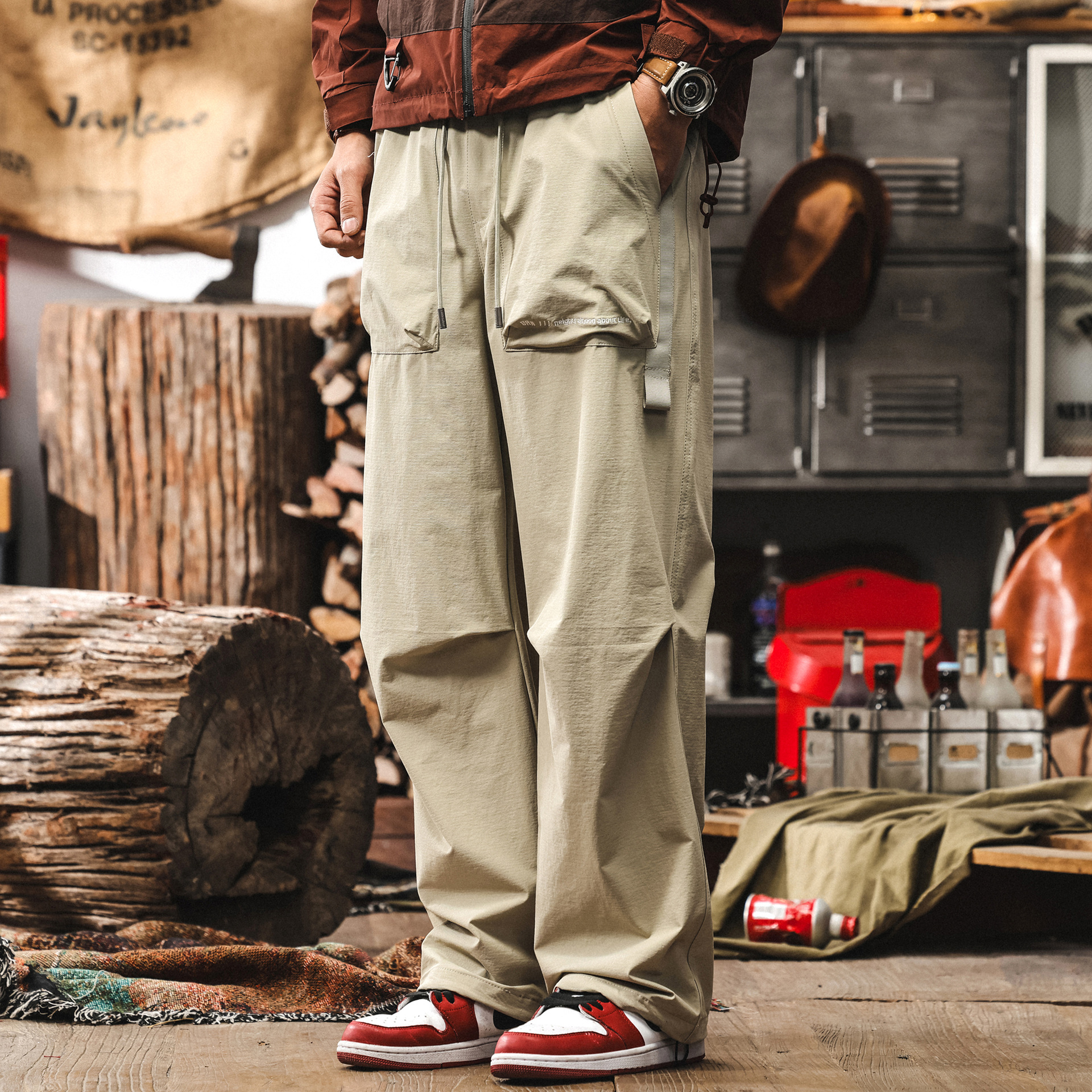 杏色薄款休閒長褲男寬鬆直筒潮牌男士褲子夏季戶外速幹工裝傘兵褲