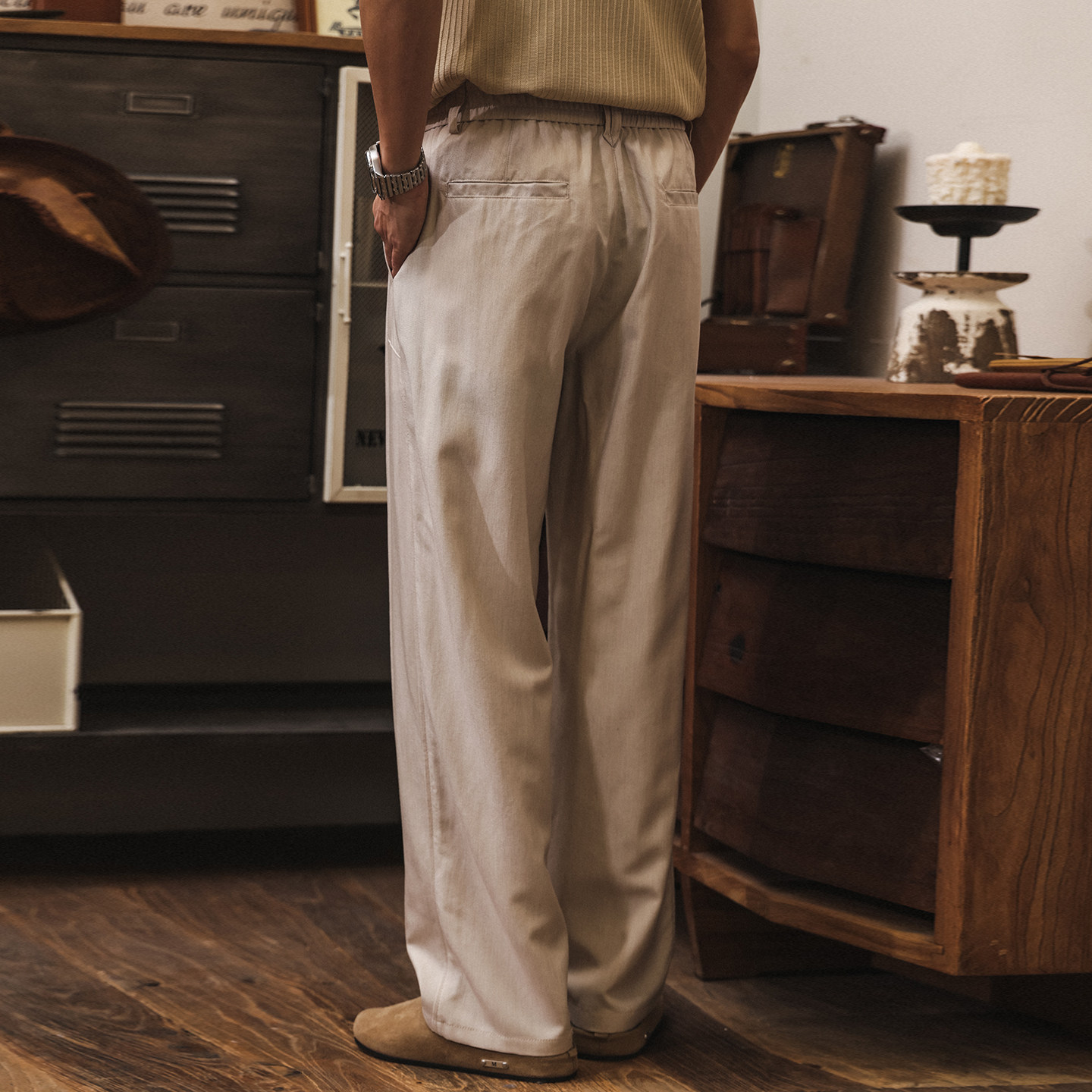 萊賽爾抗皺垂感綿羊毛直筒西褲男春季潮牌美式復古老錢風休閒褲男