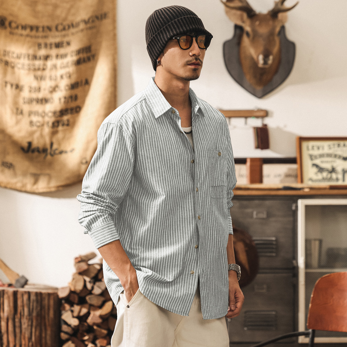 美式復古亞麻透氣條紋男士襯衫春季2026新款長袖工裝襯衣薄款外套