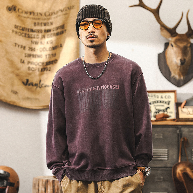 美式復古重磅蠟染衛衣男秋季潮牌設計感印花紫色上衣寬鬆大碼男裝