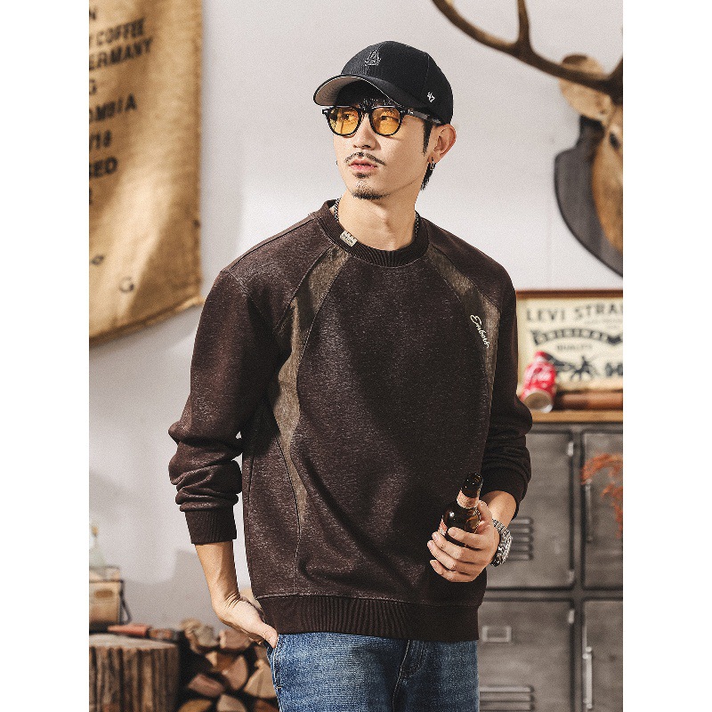 美式復古重磅衛衣男秋季潮牌2025新款拼色潮流寬鬆休閒長袖T恤男