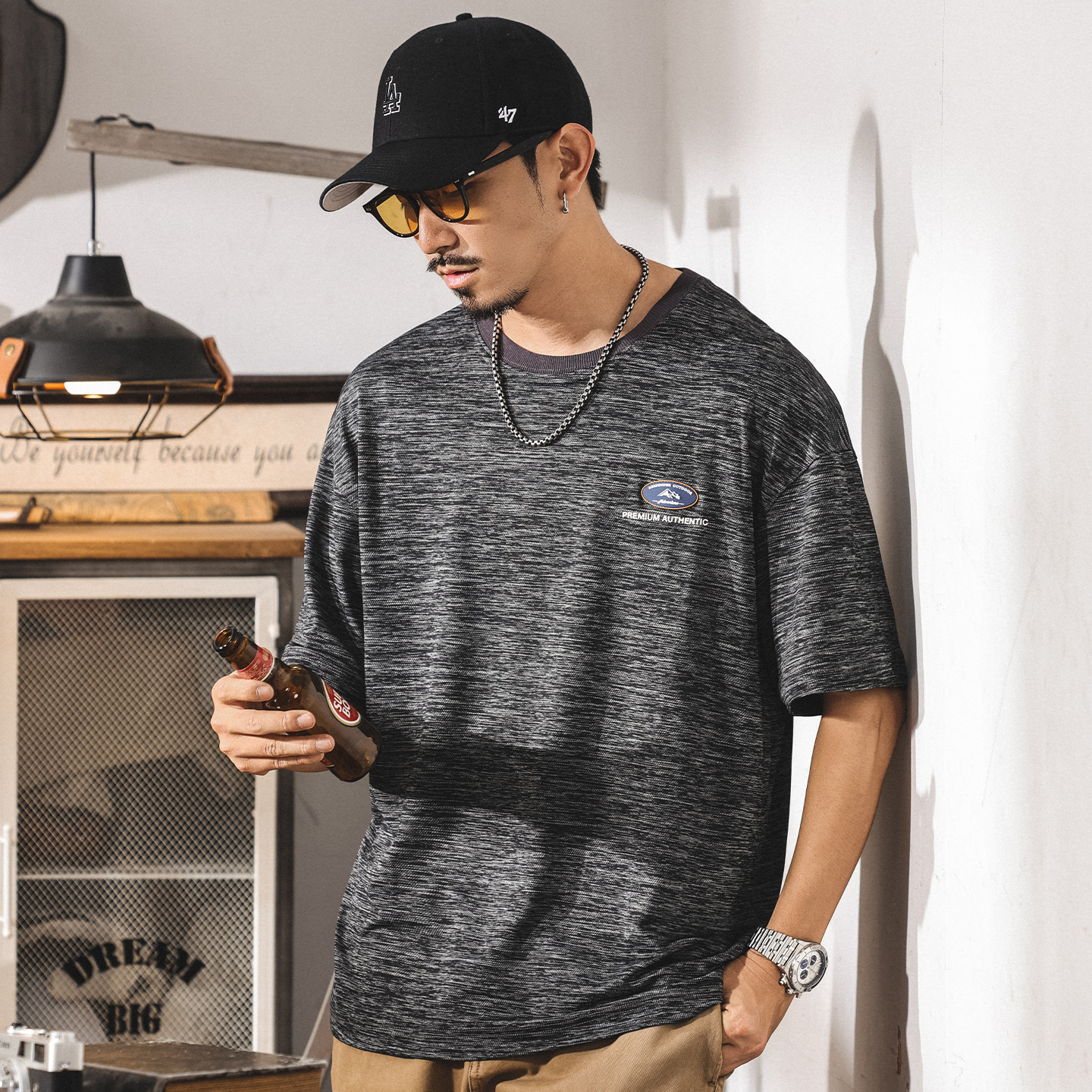 美式山系涼感冰絲T恤男生短袖夏季薄款2025新款寬鬆大碼潮牌上衣