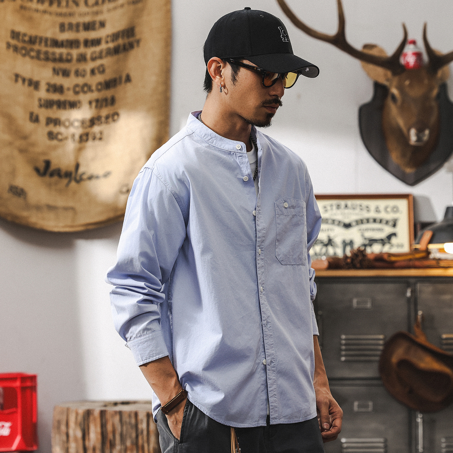 美式復古立領襯衫男秋季2025新款日系潮流簡約百搭休閒襯衣男上衣