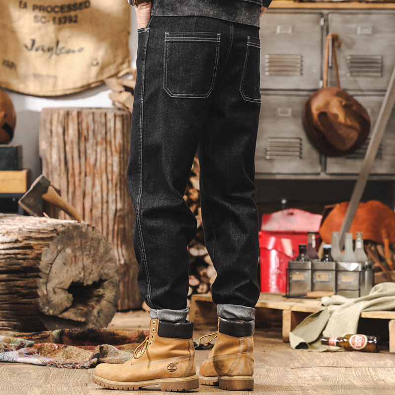 活性染不掉色加絨牛仔褲男美式復古水洗潮牌褲子男秋冬款直筒長褲