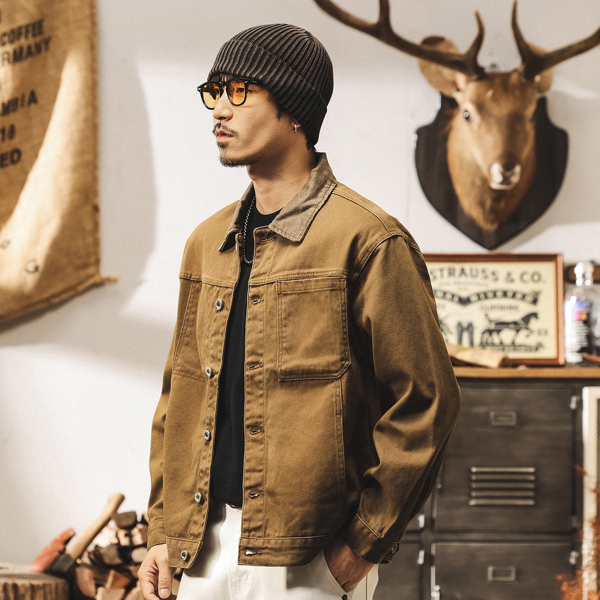 美拉德復古環保原胚重磅工裝外套男春秋新款美式巴恩風穀倉夾克男