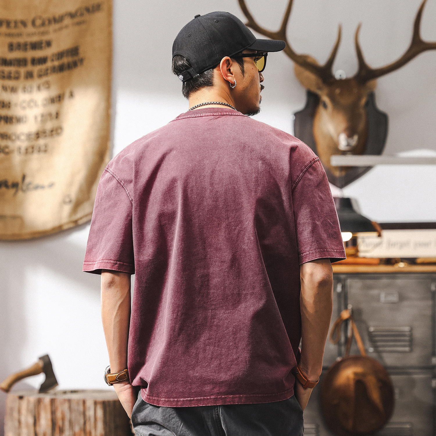 美式復古酒紅色刺繡重磅T恤男短袖夏季潮流2025新款寬鬆休閒上衣T