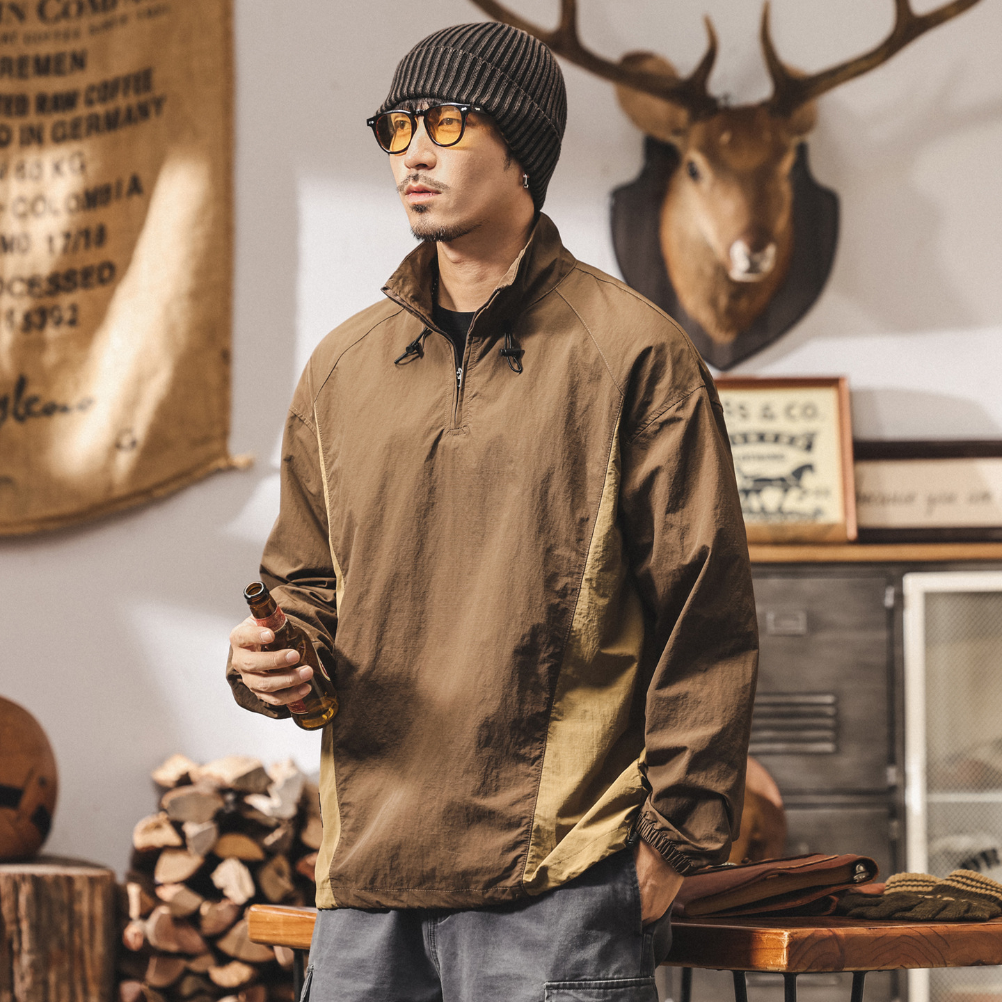 美式戶外機能半拉鍊立領襯衫男秋季新款山系潮牌寬鬆速幹長袖上衣