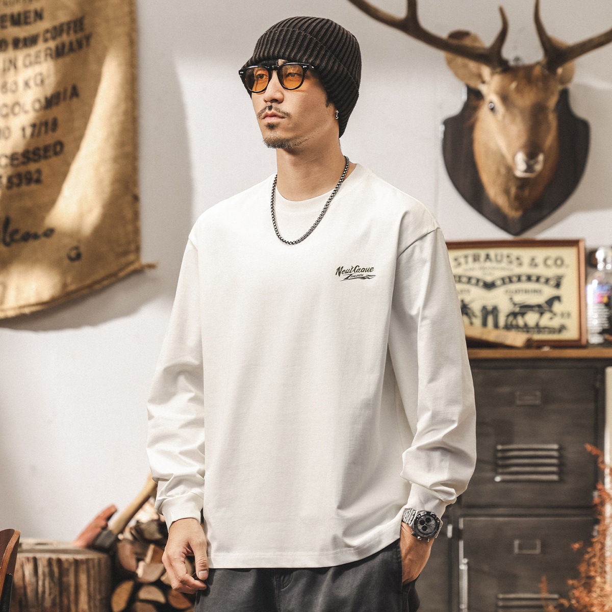 美式山系復古白色T恤男長袖寬鬆2026春季新款圓領休閒上衣男