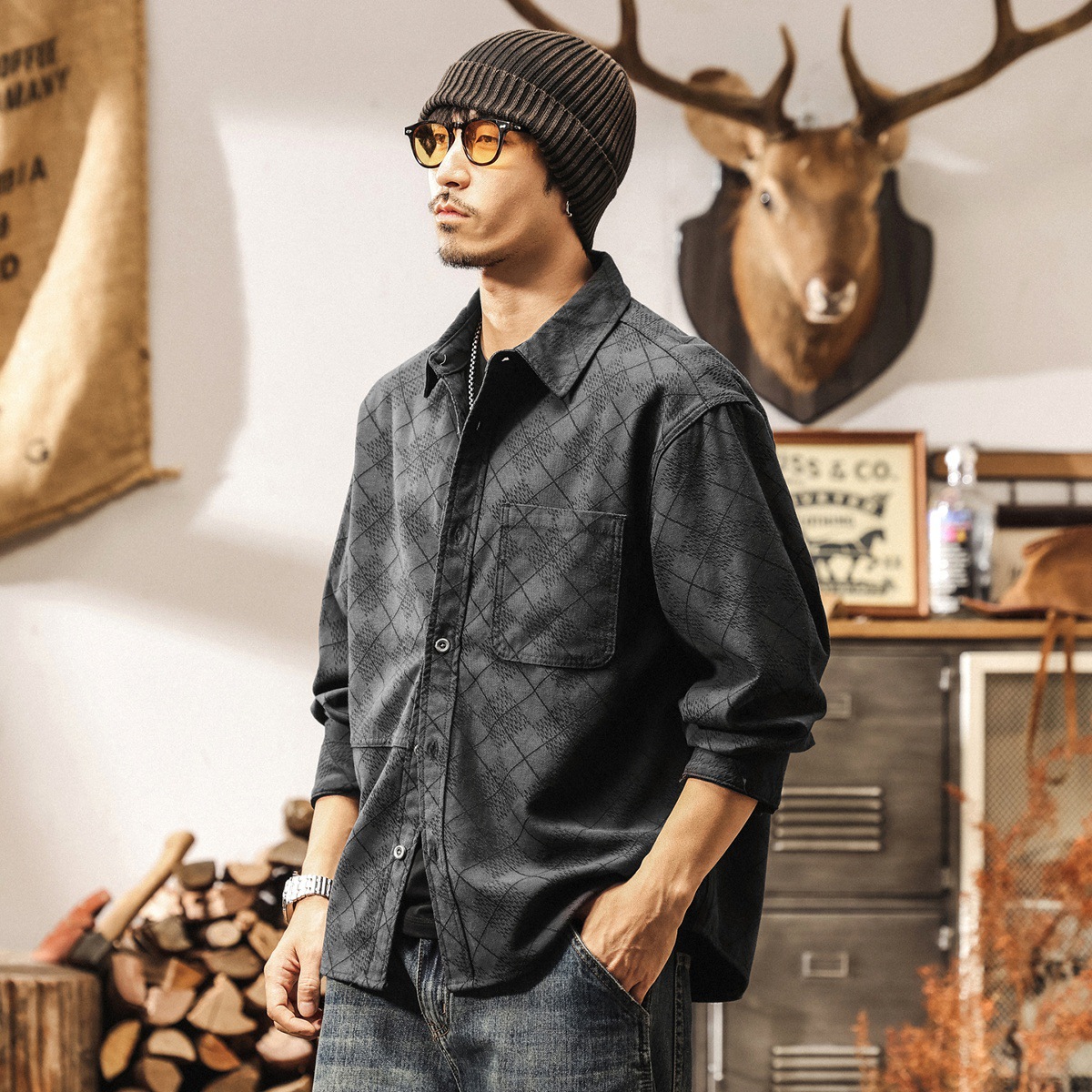 高級感竹纖維萊賽爾格紋襯衫男長袖秋季新款美式復古寬鬆襯衣外套