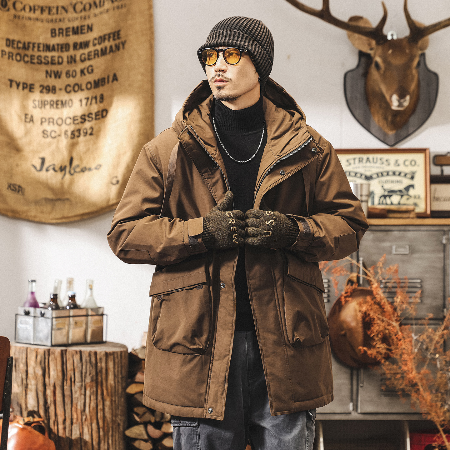 美式復古90%純白鴨絨工裝羽絨服男中長款冬季加厚抗寒保暖外套男