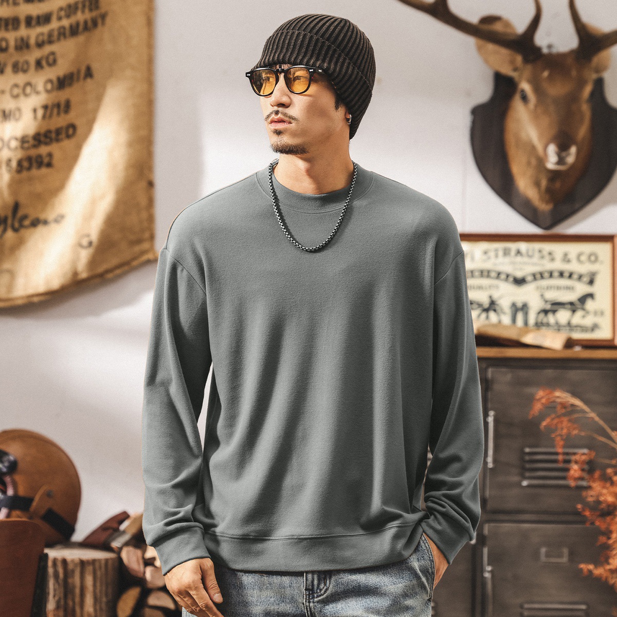 美式復古秋冬保暖親膚德絨打底衫男士春秋新款純色內搭長袖t恤男