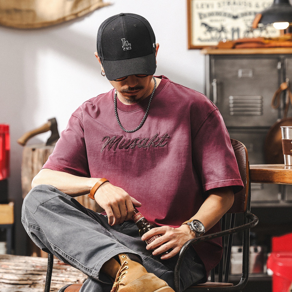 酵素做舊水洗T恤男美式復古短袖男夏季潮流寬鬆半袖男士上衣