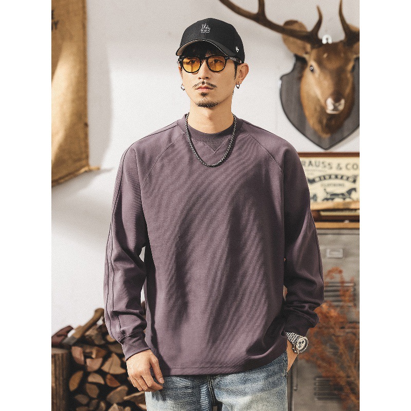 美式復古紫色衛衣男春秋新款簡約潮流300g重磅T恤男長袖寬鬆上衣