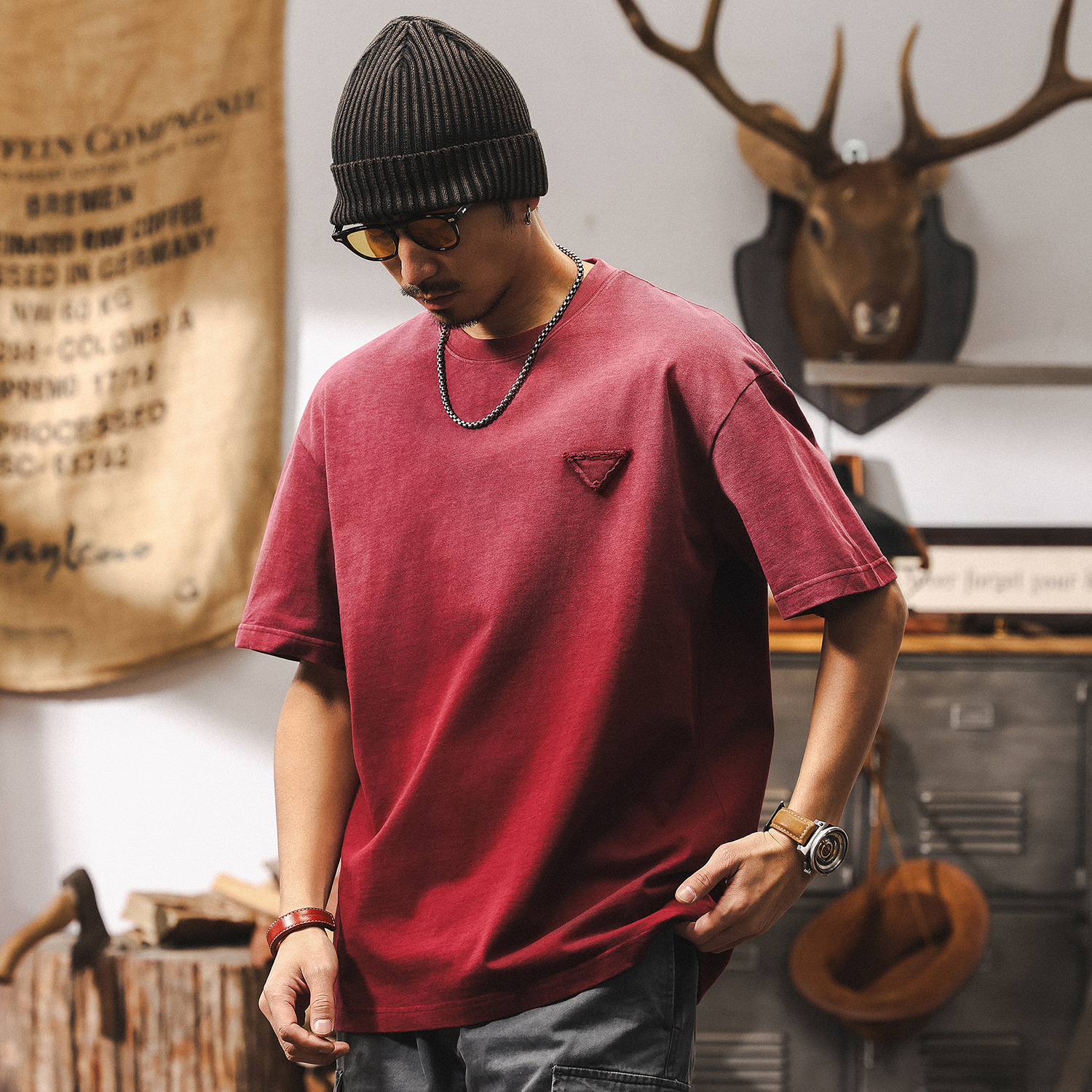 阿蘇特洗褪重磅T恤男夏季短袖潮流漸變水洗安可拉紅男士上衣