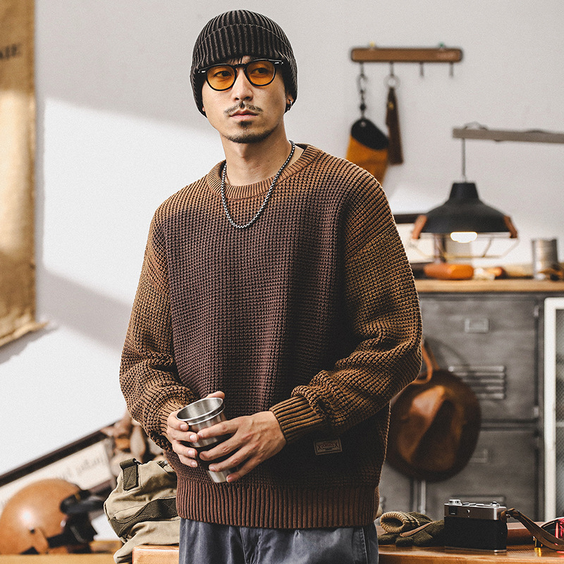 美式復古重磅毛衣男寬鬆潮牌撞色秋冬款美拉德慵懶風針織衫外套男