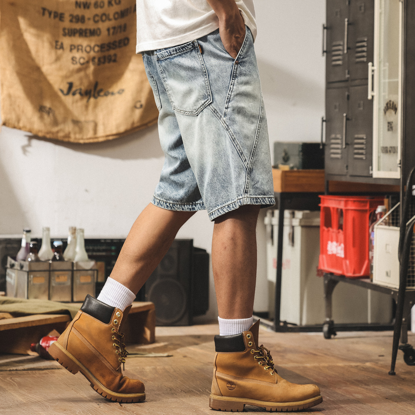 萊賽爾天絲牛仔短褲男潮牌寬鬆直筒五分褲休閒百搭拼接設計感中褲