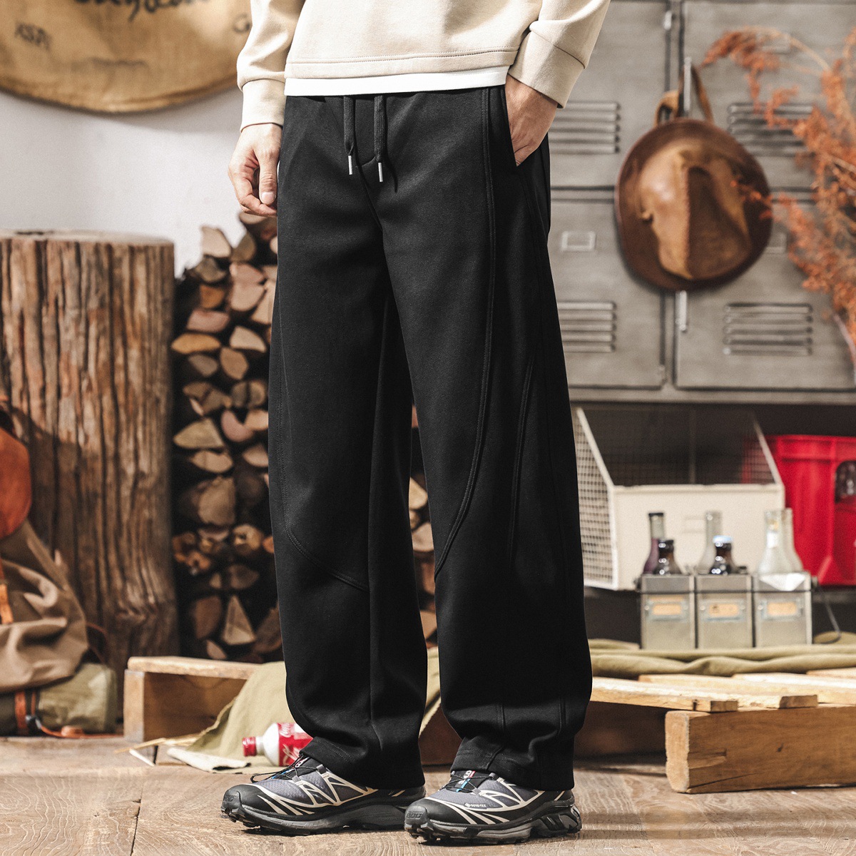 美式復古加絨彎刀褲子男款冬季加厚衛褲直筒男士重磅寬鬆休閒長褲