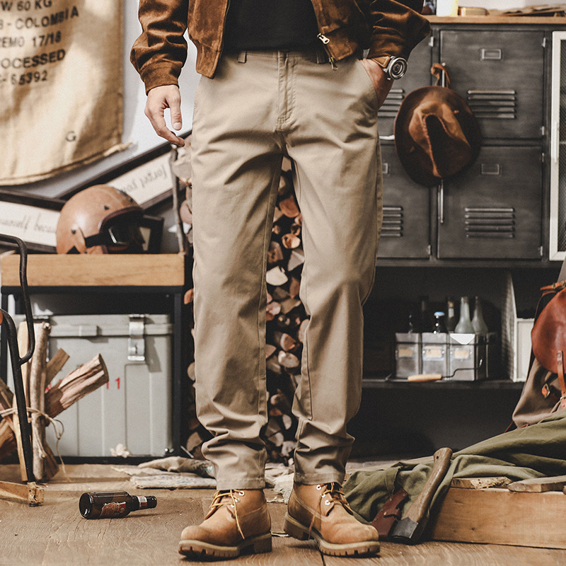 美式復古卡其色褲子男秋季潮牌直筒褲2024新款簡約百搭休閒長褲男