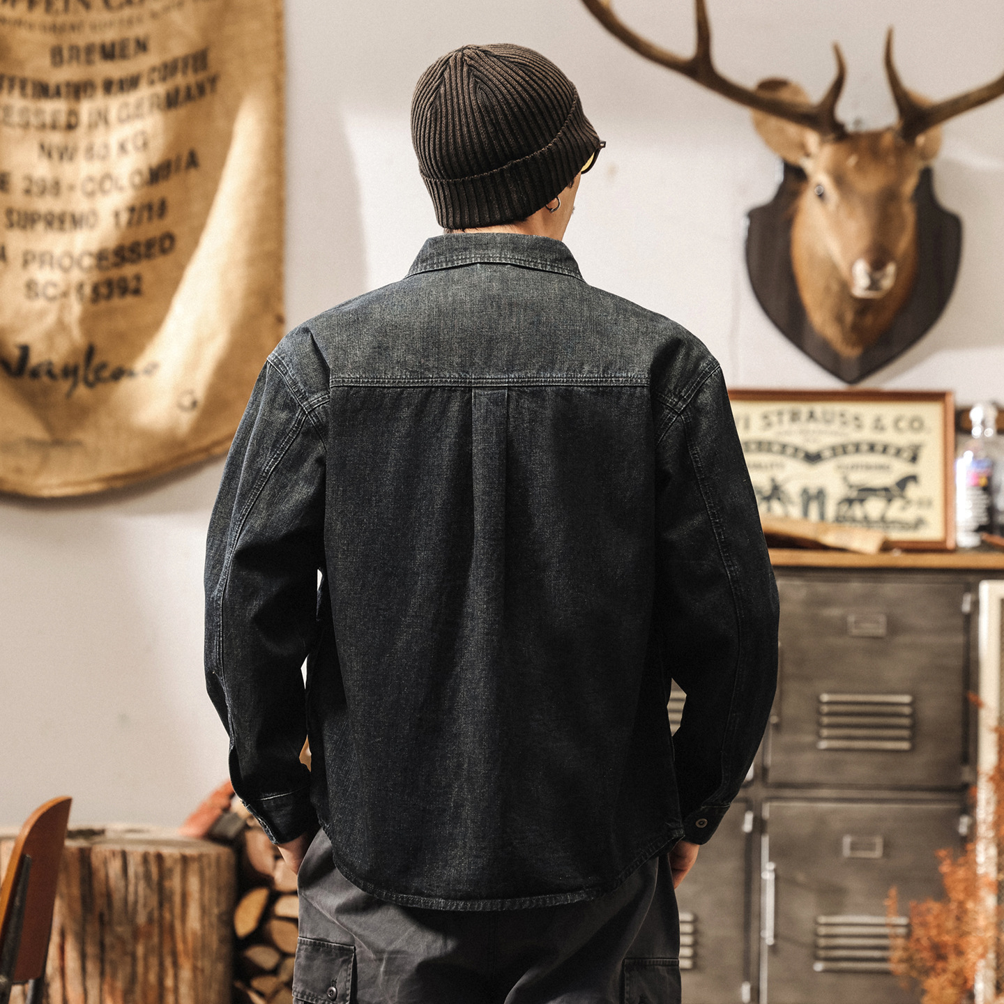 美式復古靛藍色牛仔襯衫男春秋新款保色水洗寬鬆長袖襯衣工裝外套