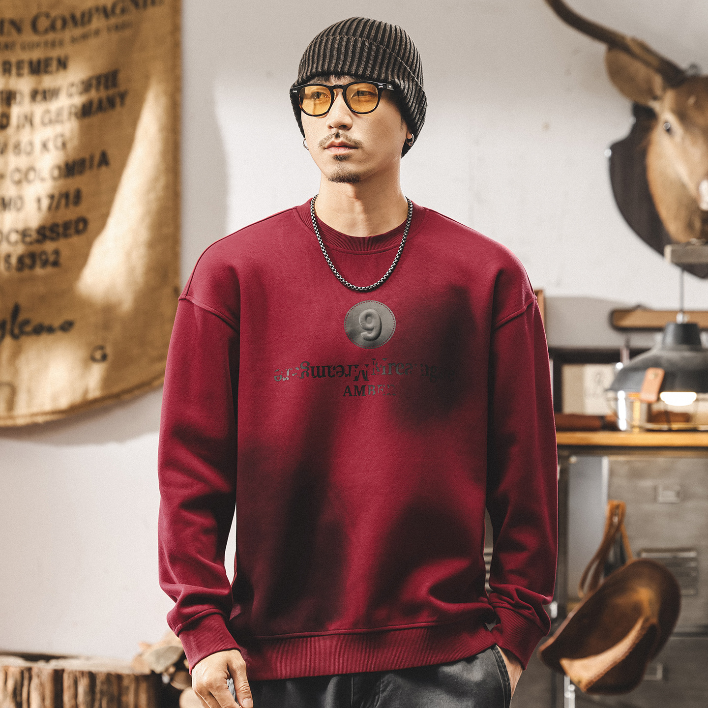 安可拉紅美式重磅衛衣男春秋2025新款潮牌髒染水洗寬鬆休閒上衣男