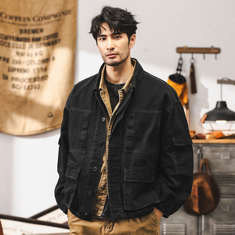 美式復古黑色牛仔外套男春秋款潮牌硬漢獵裝戶外機能工裝秋季夾克