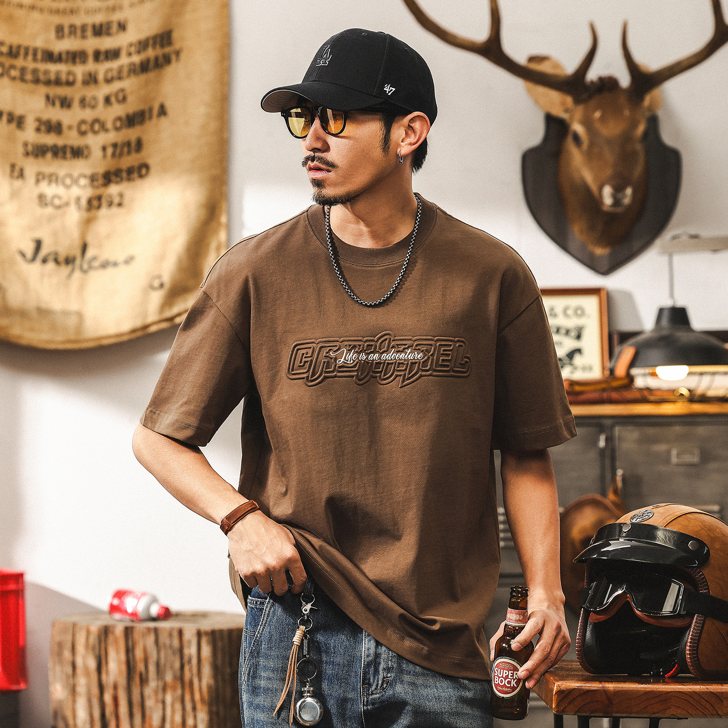 涼感科技重磅美式短袖男款夏季T恤潮牌立體鋼印寬鬆男士上衣