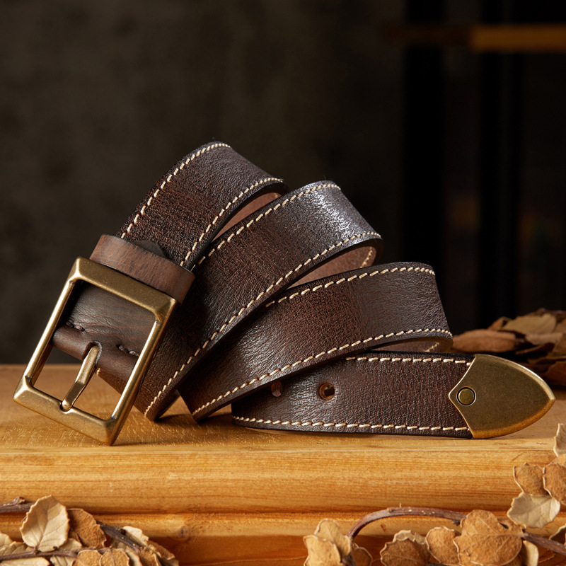 手工復古頭層牛皮針扣皮帶男士真皮個性百搭純銅扣頭牛仔褲腰帶潮