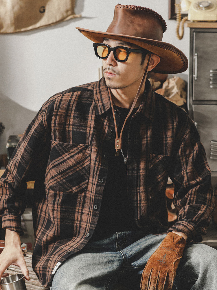 美式復古重磅純棉長袖格子襯衫男加厚寬鬆休閒襯衣潮牌外套秋冬款