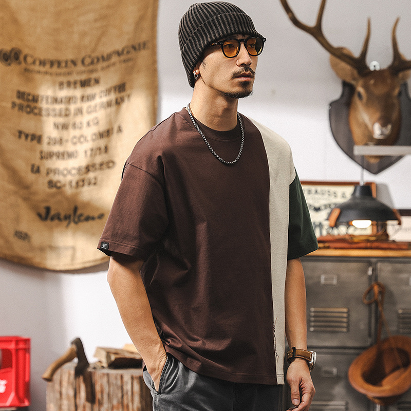 250g重磅T恤男美式復古2025新款潮流拼色短袖男夏季寬鬆男士上衣T