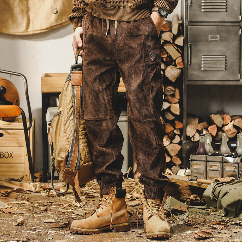 杰雷諾燈芯絨休閒褲男秋冬款寬鬆大碼束腳衛褲美式重磅加絨褲子男